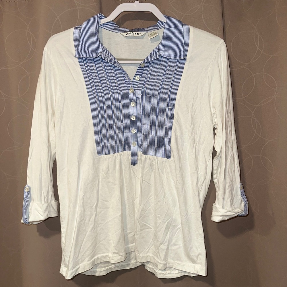 Orvis Women's White Blue Stripe Collared Shirt Preppy Top Size Small